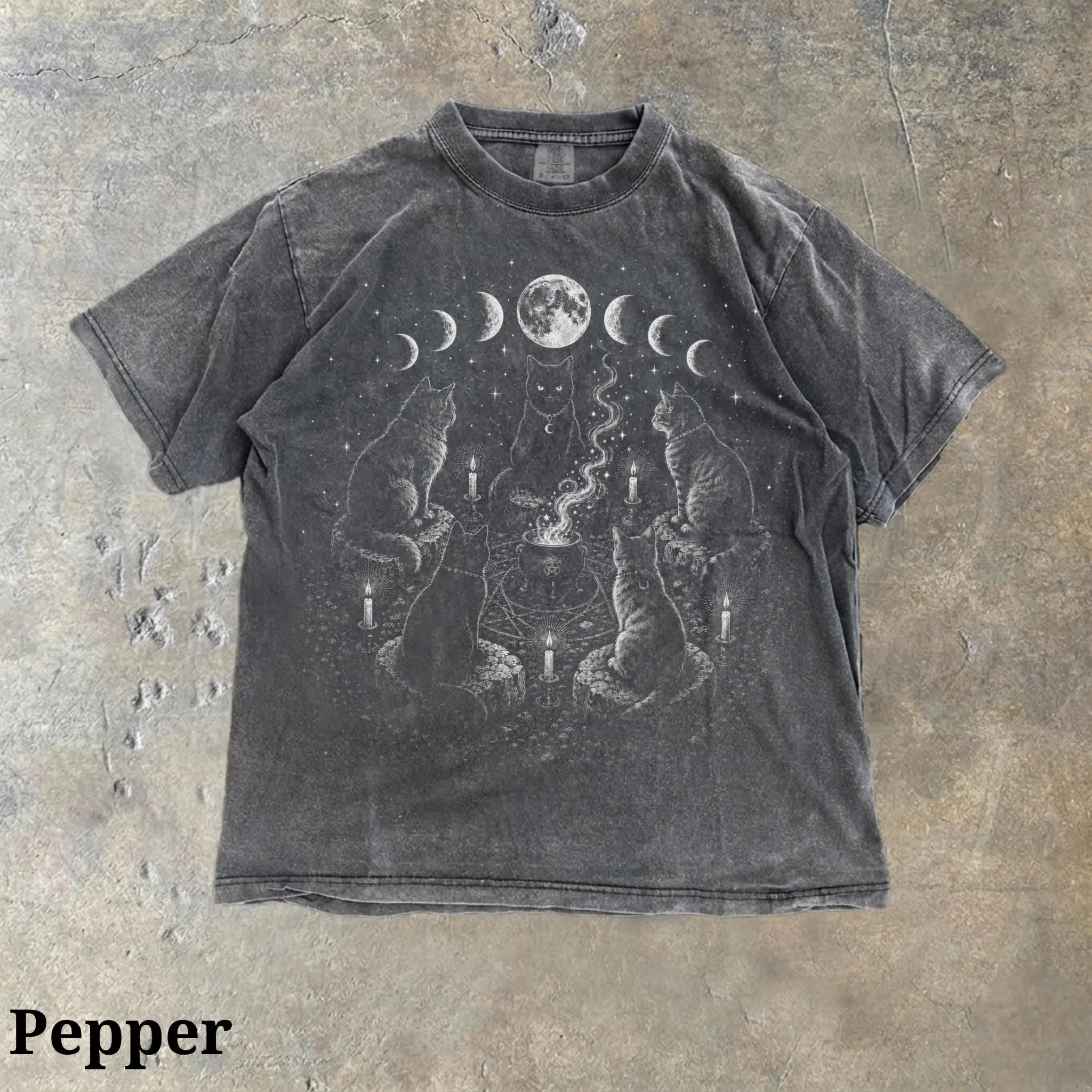 Vintage Cat Coven T-Shirt, Mystical Black Cat Tee, Witchy Moon Phase Shirt, Crystal Cats Tee, Gothic Cottagecore Gift for Lovers