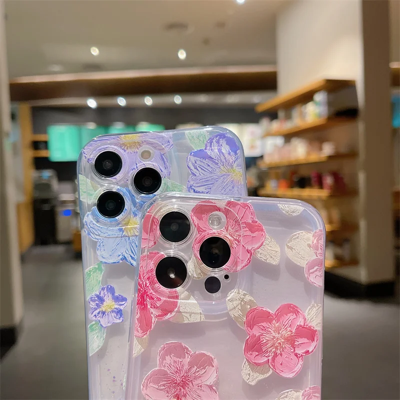 Blumen ölgemälde Fall für iPhone 13 Pro Max 14 16 15 plus Telefon abdeckung Leucht glanz Brill antes Treibsand Liquid Coque Funda