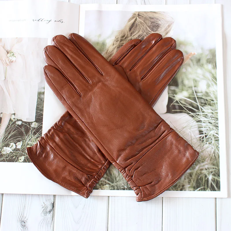 Winter Warm Sheepskin Gloves for Women with Velvet Lining and Colored Genuine Leather Motorcycle Driving Gloves