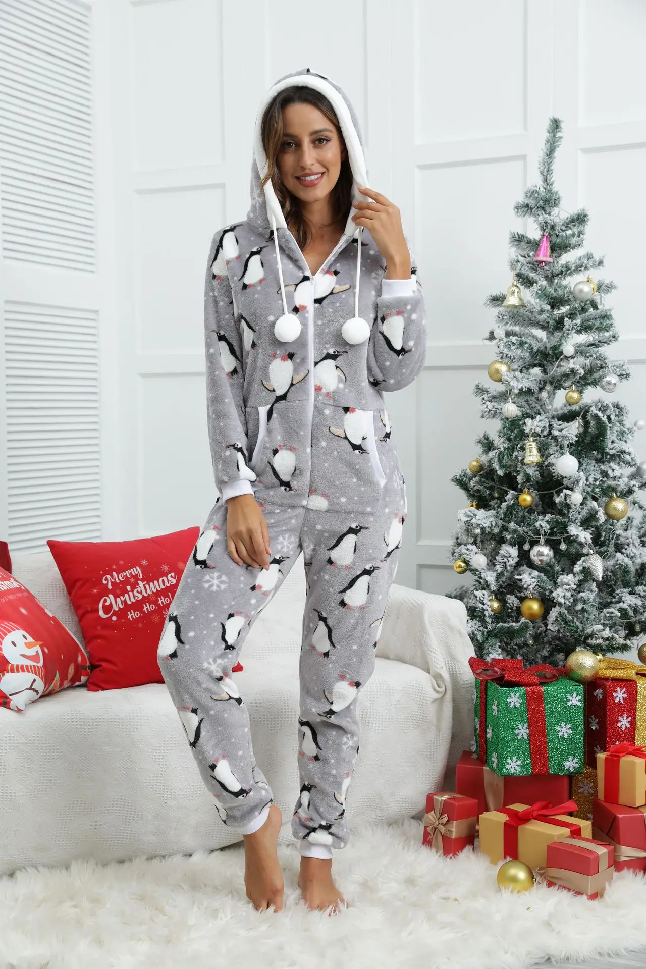 Europe and the United States Cross-border Express Women\'s Autumn and Winter Flannel Christmas Halloween One-piece Pajamas