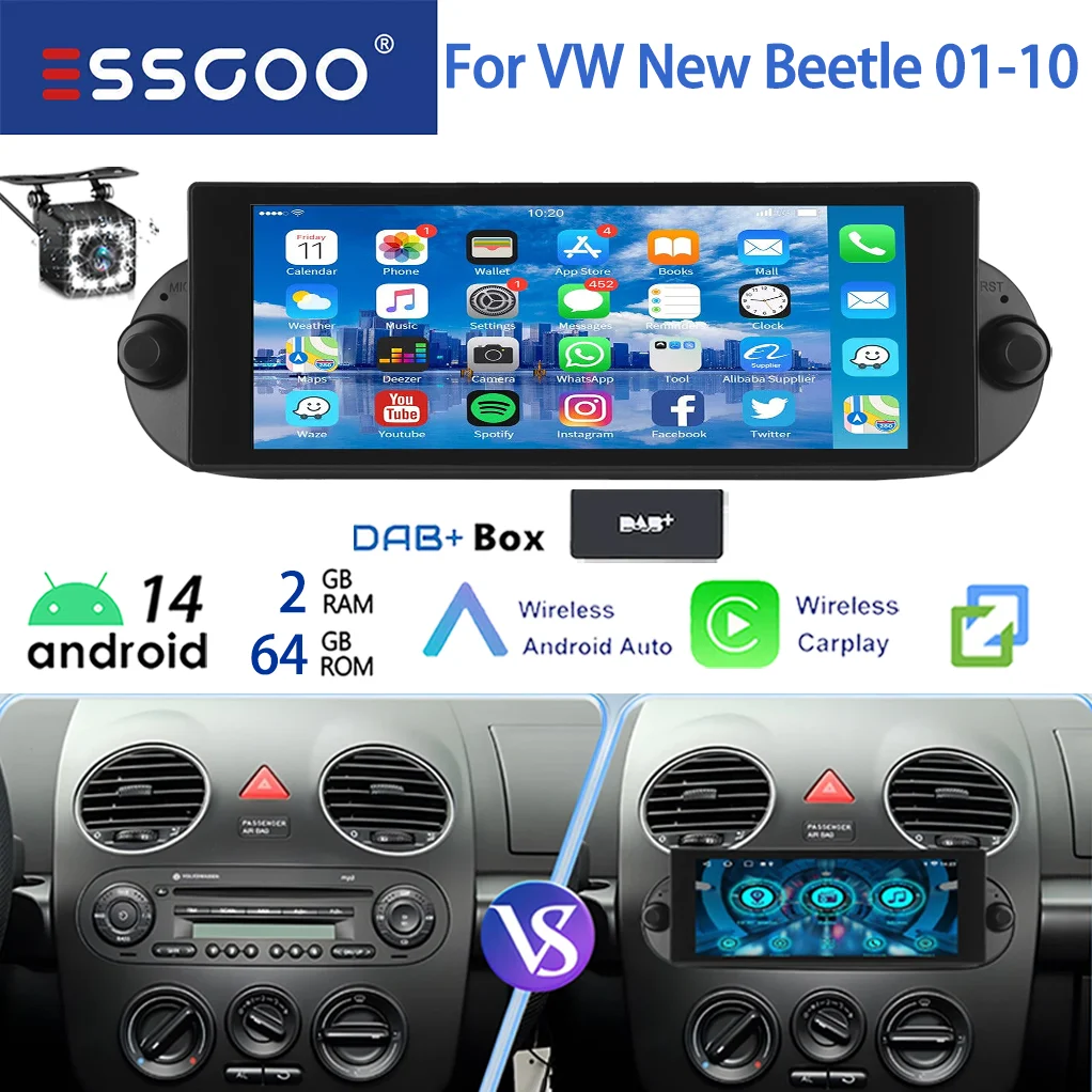 ESSGOO 64G 7 "Android 14 Autoradio Voor VW Kever 01-10 Draadloze Carplay GPS Navi FM WiFi BT RDS SWC Spiegel Link IPS Touchscreen