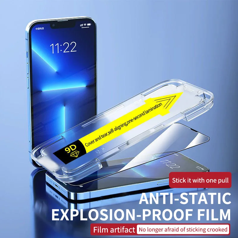 NEW High End Glass Full Cover Screen Protector For iPhone 11 12 13 14 15 PRO MAX Xr X Xs Max 15 Plus Glass With Mounting Cover