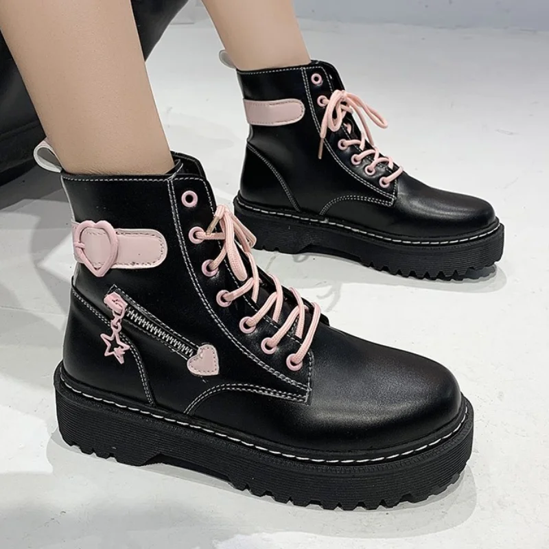 2022 New Women\'s Boots Thick Sole PU Leather Lace Up Square Heel Round Toe Solid Color New Women\'s Boots Gothic Motorcycle Boots