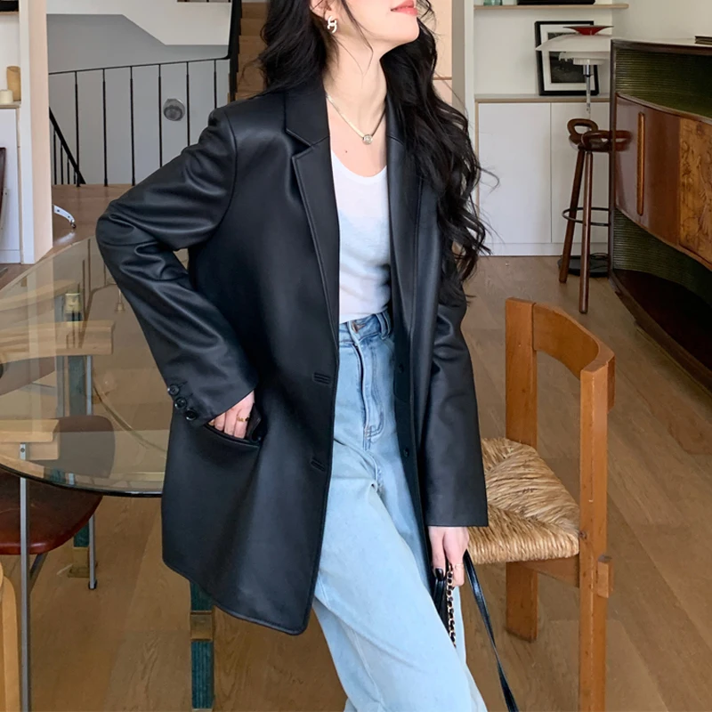 أنيقة السيدات جلد الغنم السترة معاطف 2026 ربيع الموضة التلبيب المرأة عادية فضفاض واحدة الصدر بدلة جلدية حقيقية سترة #6