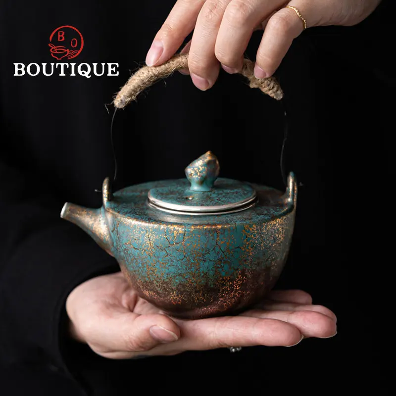 

200ml Japanese Gold Silver Color Ceramic Lifting Beam Pot Evergreen Glaze Small Teapot Tea Maker Filter Kettle Kung Fu Tea Set