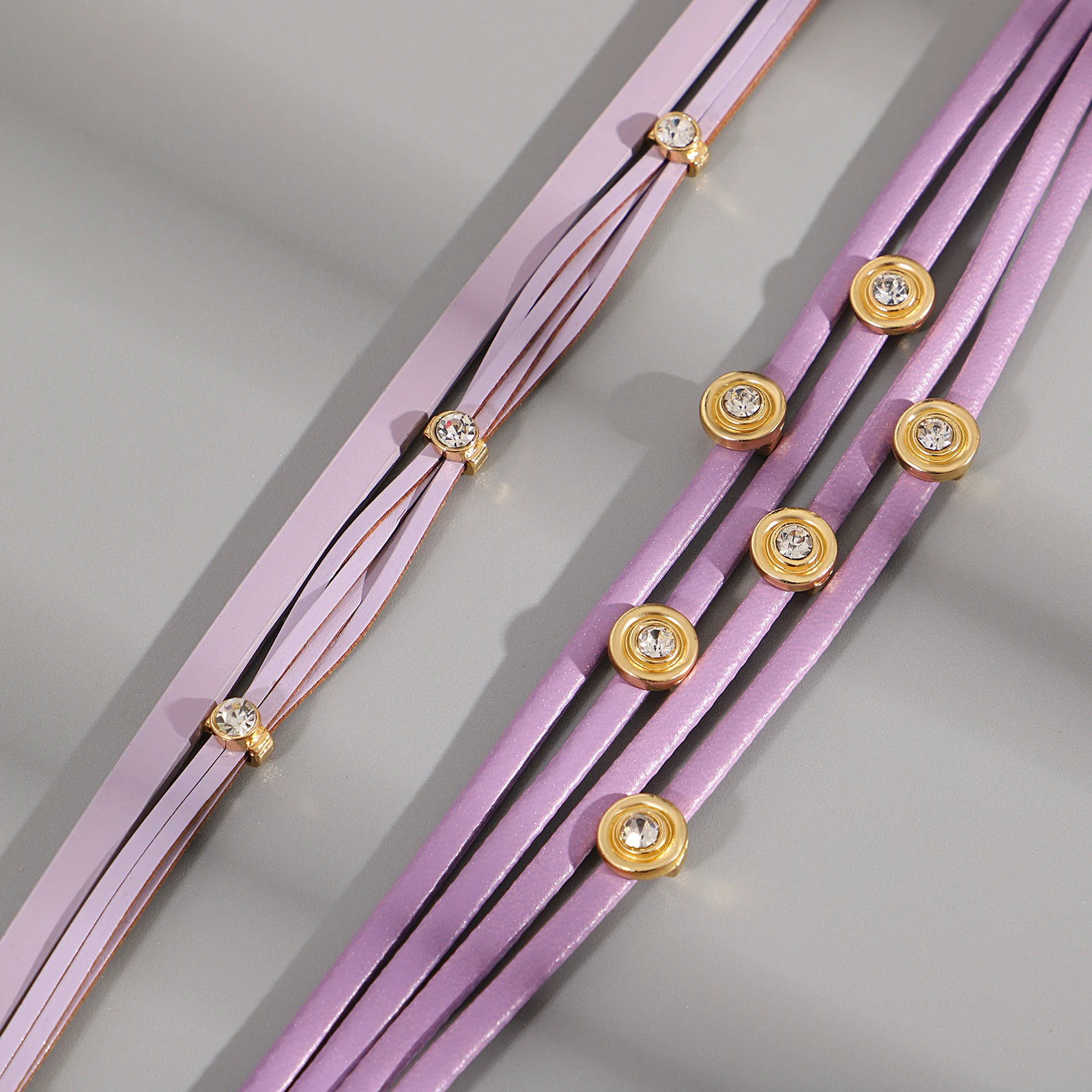ANESOA Ultra-narrow Rhinestone Inlaid Leather Bracelet Trendy Temperament Women Round-clasp Zircon Bangle Purple Series Jewelry