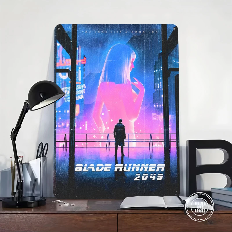 Blade Runner 2049 Neon Cityscape Metal Poster Customized Wall Art Retro Vintage Metal Signs for Man Cave Living Room Decorations