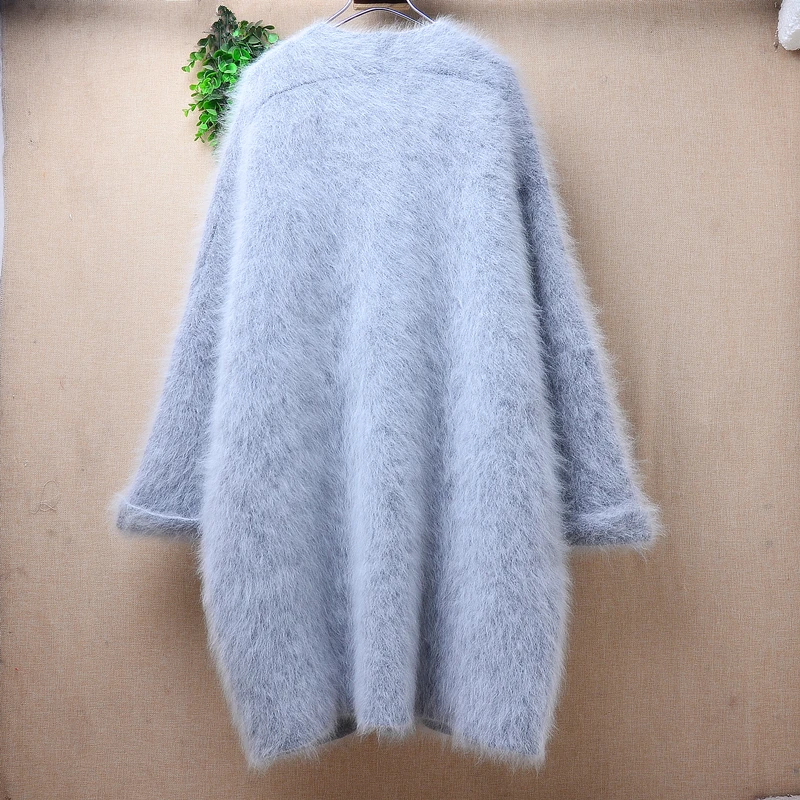 Female Women Fall Winter Thick Warm Grey Hairy Mink Cashmere Knitted Half Sleeves Loose Cardigans Angora Sweater Jacket Coat Top