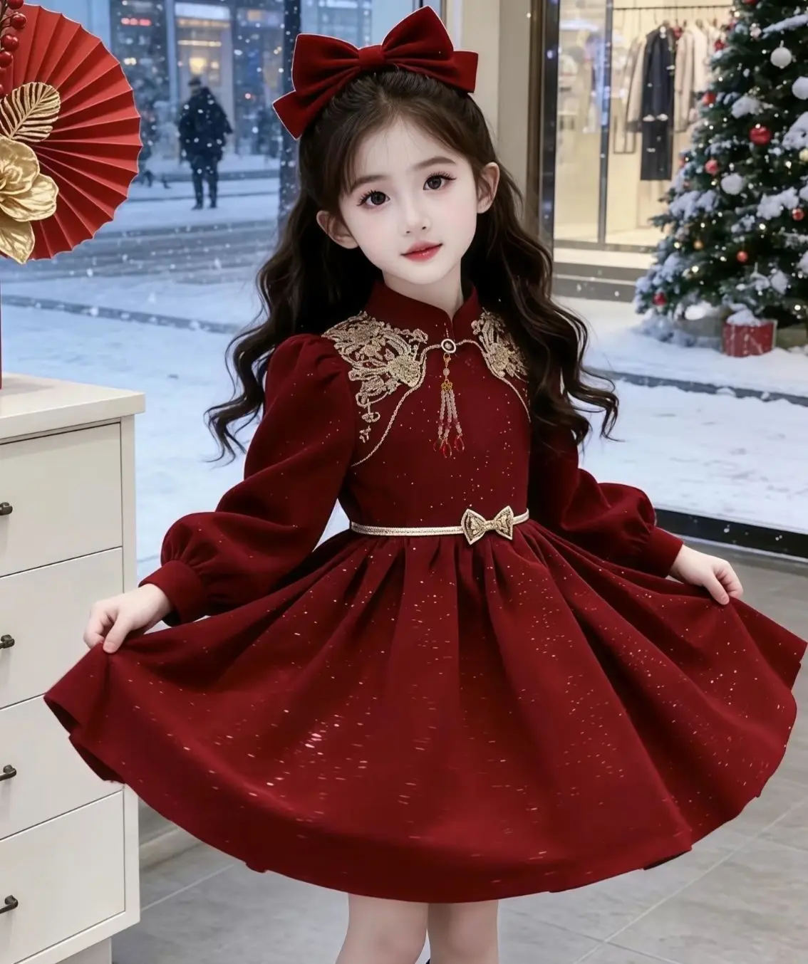 Vestido de manga larga para niñas, otoño invierno 2026, nuevo vestido rojo de fiesta, vestido cálido de princesa para niñas, vestido formal para ceremonias de bebés.