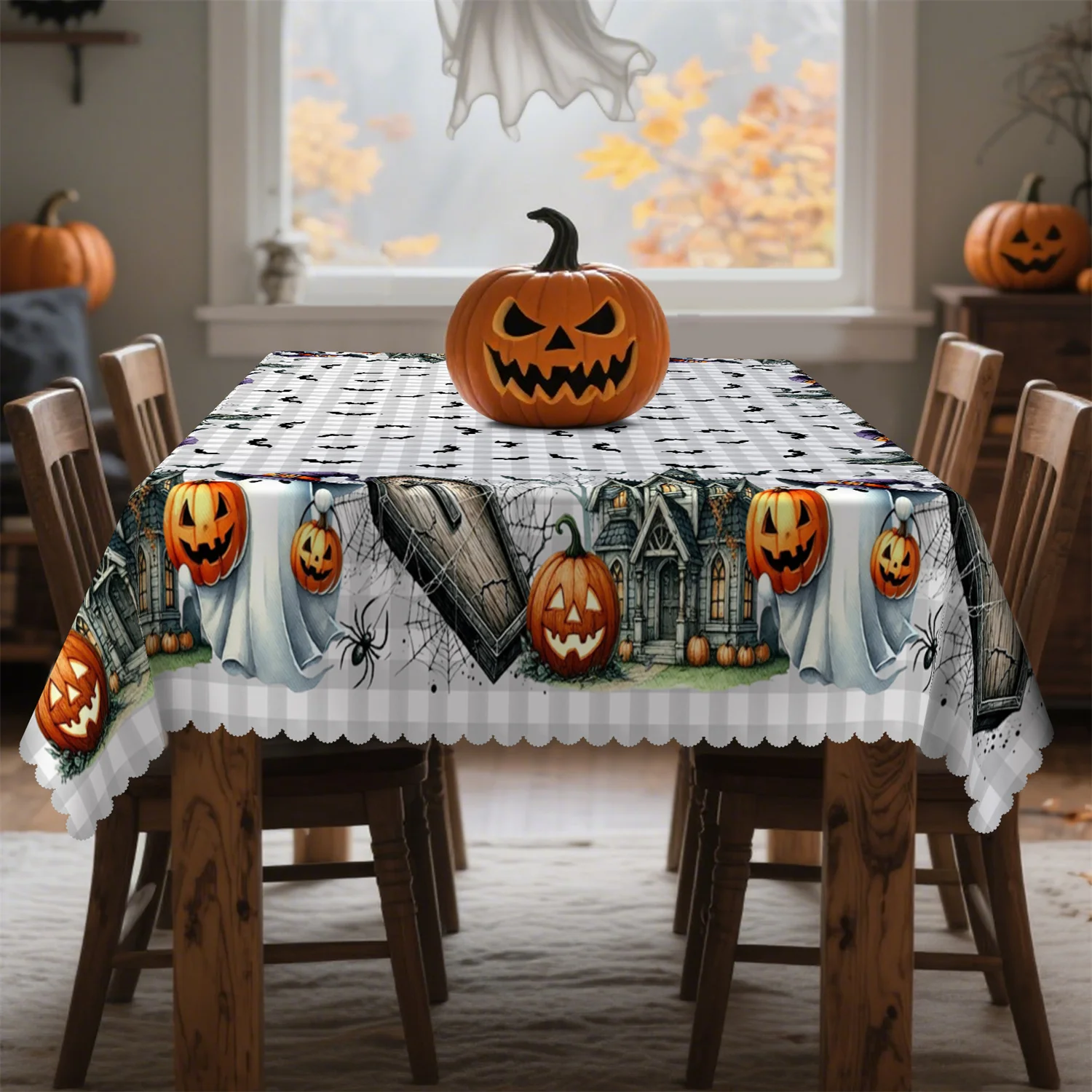 Buffalo check pumpkin house bat cross coffin Halloween tablecloth - Washable table cover, suitable for horror partieszyc