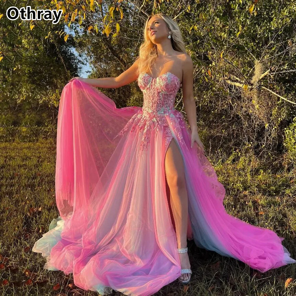 Othray Sweet Pink Prom Dresses Lace Applique Split Girl Evening Gowns Mixed Color Birthday Party Robe  Engagement Robe De Soiree