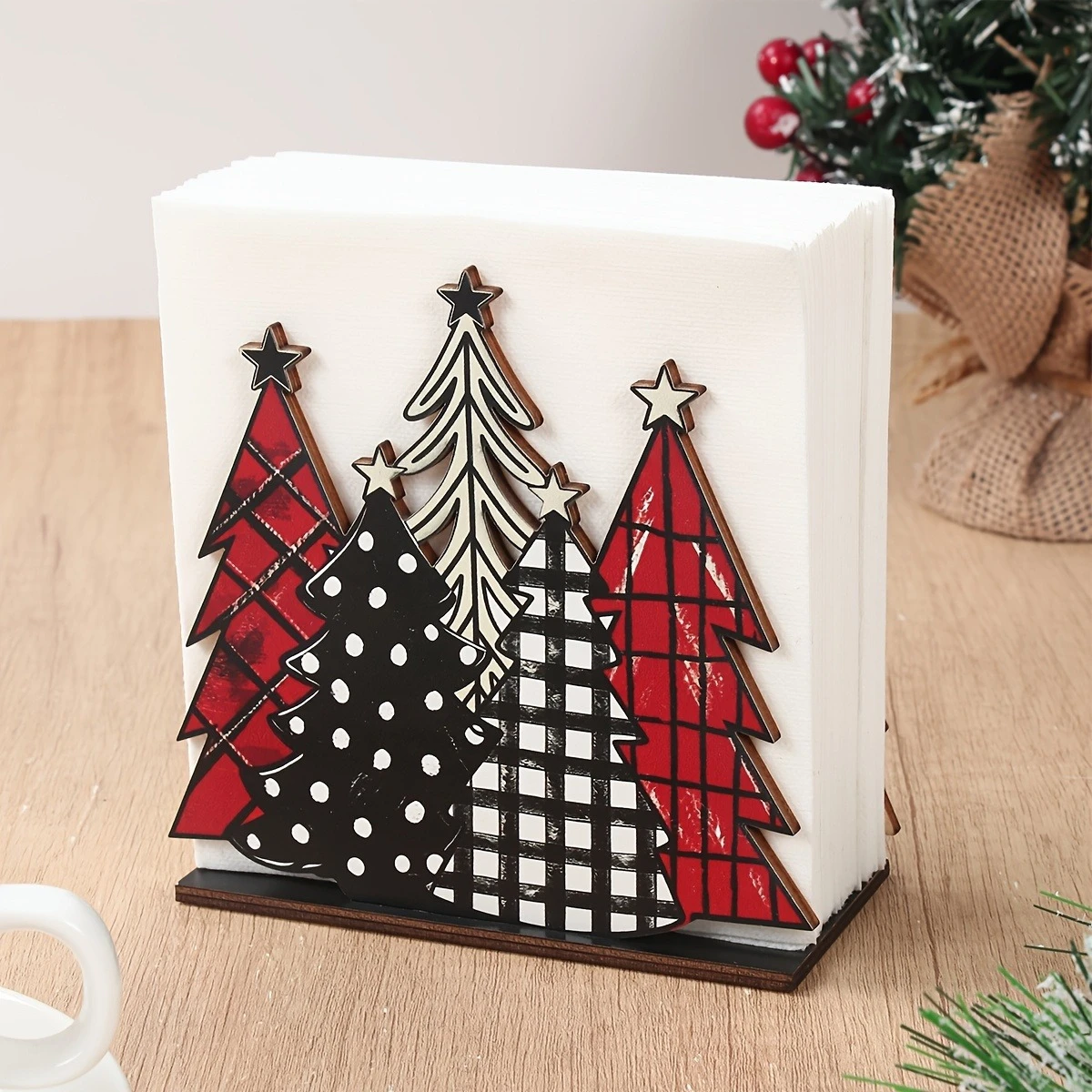 Xmas Wooden Napkin Holder Plaid Dot Christmas Tree Table Decor Tissue Holder For Dining Table Holiday Party Tabletop Decoration
