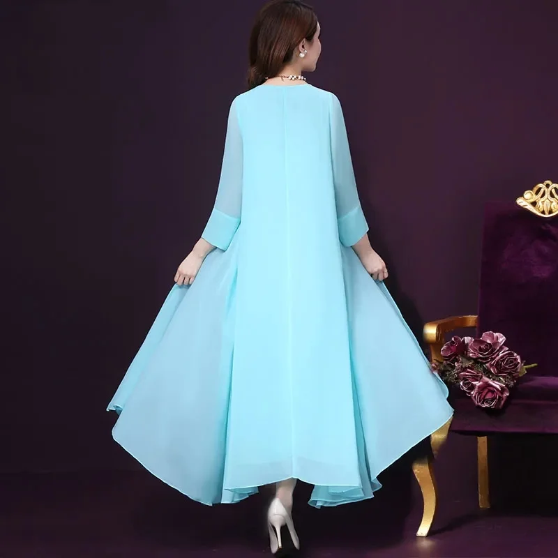 High-End-langes Chiffon-Kleid Frühling Sommer im chinesischen Stil bestickte Kleider Frauen elegantes gefälschtes zweiteiliges Kleid JJ243