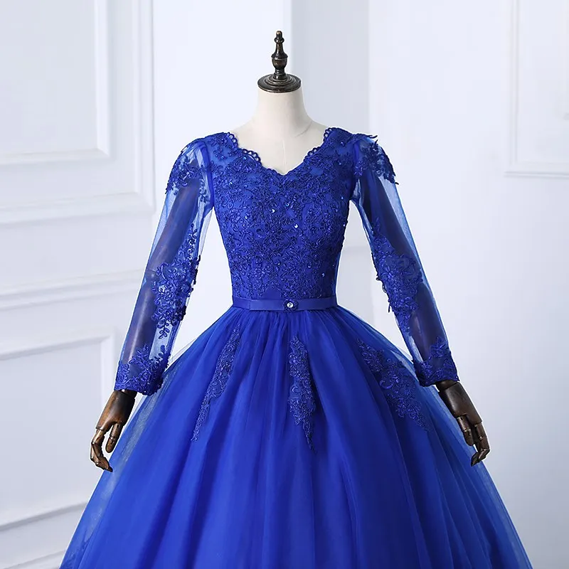 Long Sleeve Royal Blue Quinceanera Dress Elegant Belt Lace Ball Gown Luxury Party Prom Dress Plus Size Vestidos 15 For Girl