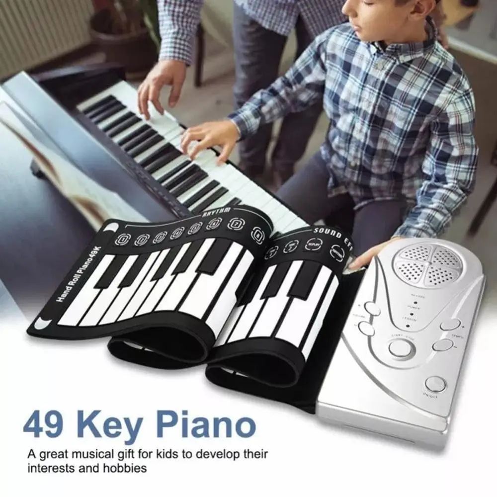 49 Keys Roll Up Piano Portable Rechargeable Hand Roll Piano Keyboard Foldable Electronic Piano Keyboard for Kids and Beginners