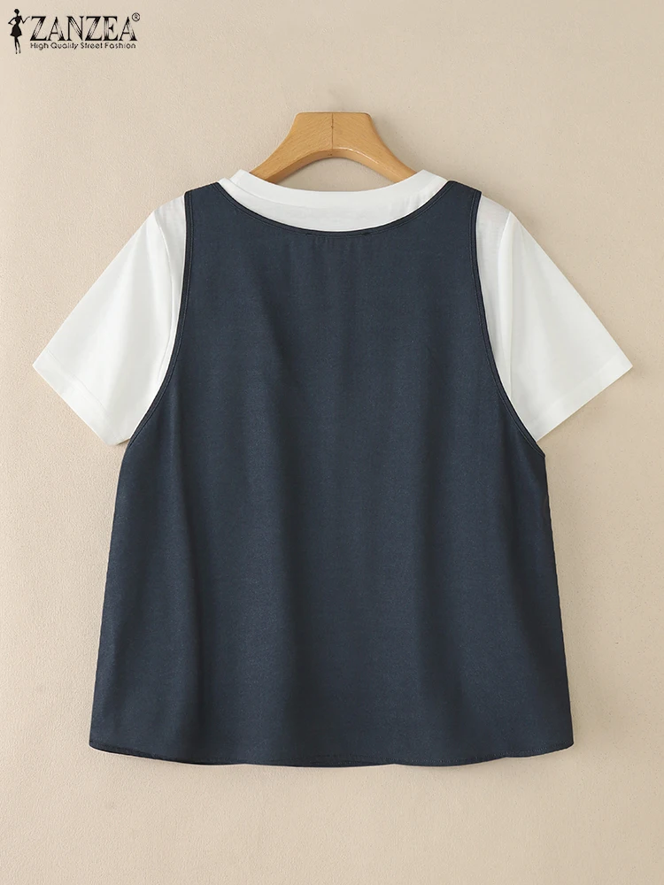 ZANZEA – ensemble deux pièces pour femmes, chemisiers et débardeurs d'été, col rond, manches courtes, couleur unie, chemise de travail élégante, surdimensionnée