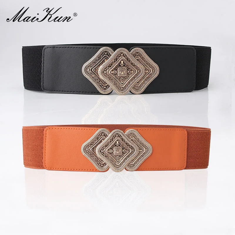 

Maikun Fashion Vintage Belt For Women Engraved Pair Buckle Ladies' BeltS Stretch Elasticated Wide Waistband