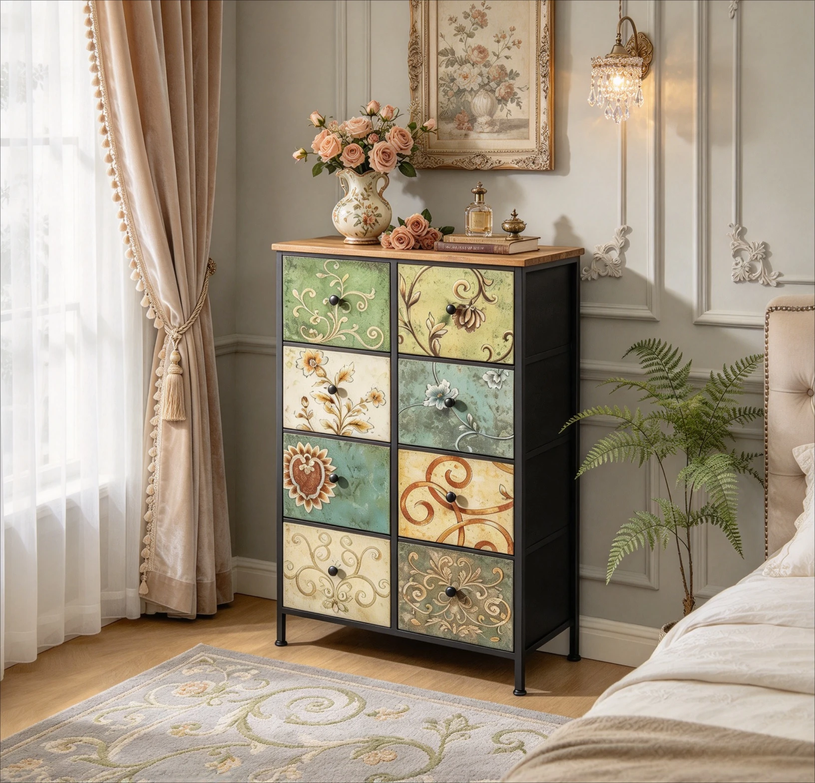 Cassettiera in stile retrò, con finitura anticata, stile country americano, struttura in metallo, ideale come mobile contenitore o armadietto.