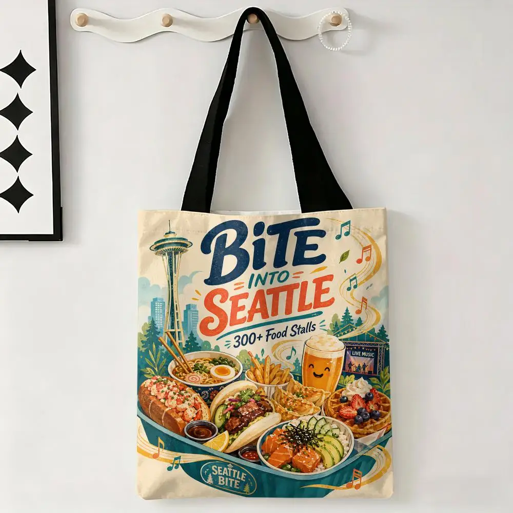 Bolsas de Almacenamiento para el Festival de Comida Seattle Bite, Bolsa de Mano Festiva Grande con Estampado a Doble Cara, Bolsa de Compras y Opción de Regalo Ideal