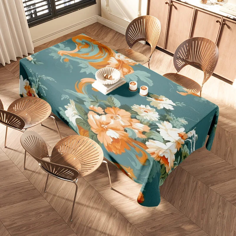 Green Blue Floral Dining Tablecloth Premium Polyester Kitchen Cover for Home Decor Multicolored Table Linens with Elegant Flower