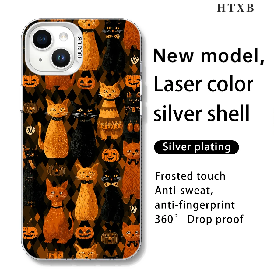 حافظة هاتف قطة سوداء، قطة صفراء، يقطين لهاتف آيفون 17 إلى 11 برو ماكس بلس