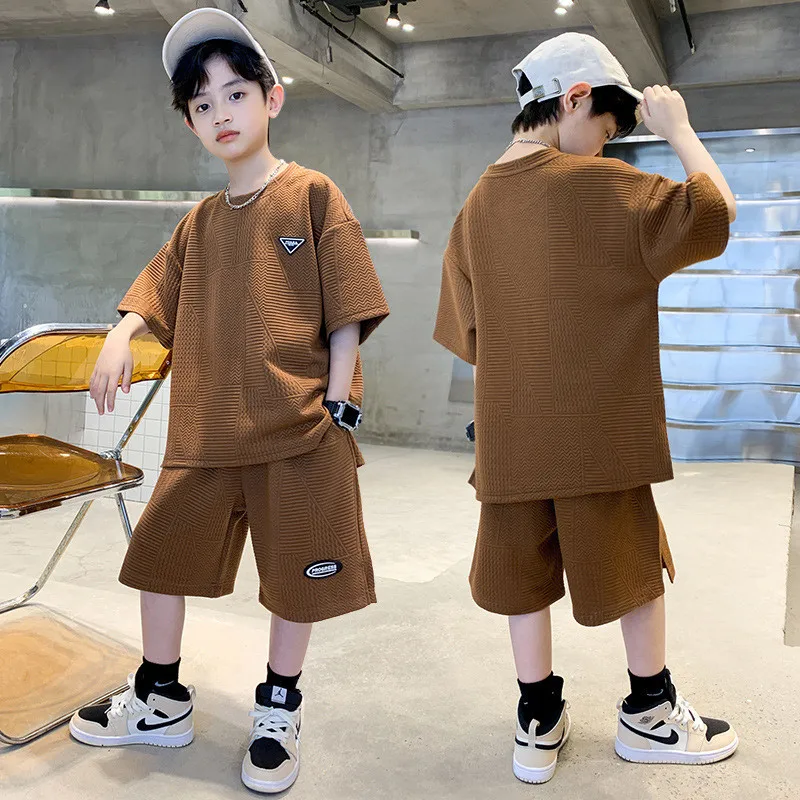 

3-10 Years Fashion Boys Clothing Sets New 2024 Summer Solid Color Shortsleeve Tee Tops Mid Shorts 2 Pcs Cool Suits