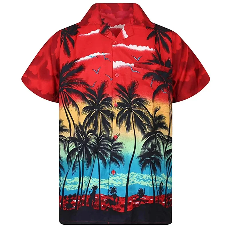 Camisas hawaianas con patrón de palmeras a la moda, blusa de manga corta con botones de solapa y estampado 3D, ropa de calle de gran tamaño, Verano