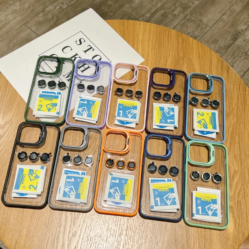 Funda transparente a prueba de golpes para Apple iPhone, carcasa de Metal con anillo de protección y soporte para lente, para iPhone 15, 14, 13, 12,