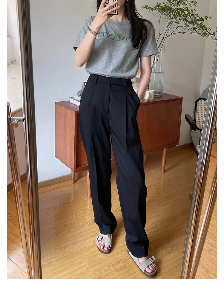 

Chic High-Waist Straight-Leg Wool Blend Bla Suit Pants Faionable Drapey Slimming Casual Spring Trousers for Women