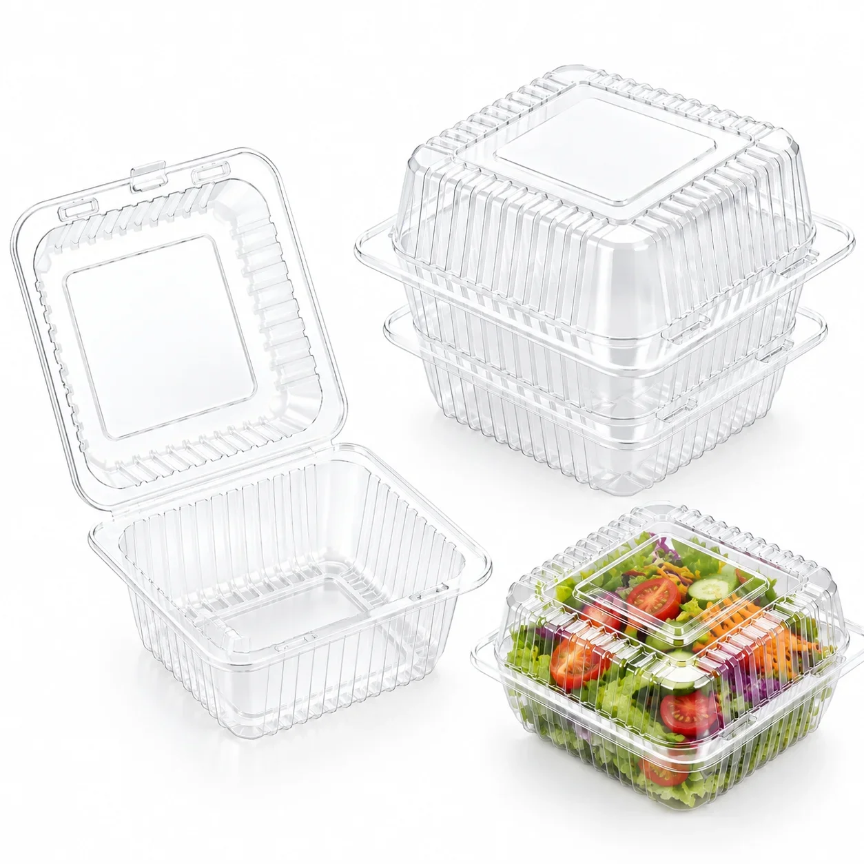 100PCS Square Clear Clamshell Food Containers Disposable Plastic Takeaway Boxes Hinged Lid Boxes Cake Dessert Salad Fruit Bakery