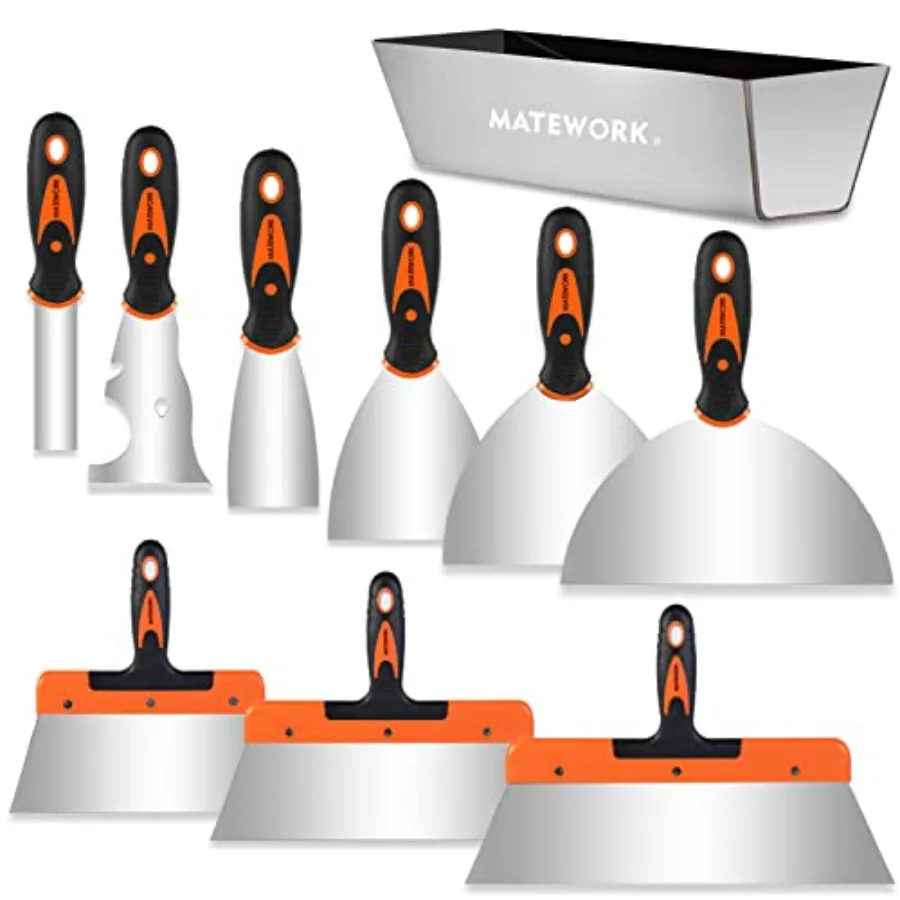 

【Spot goods】Putty knife10 Piece Stainless Steel Paint Scraper Tool Set 14" Mud Pan for Repairing Drywall Removing Wallpaper App