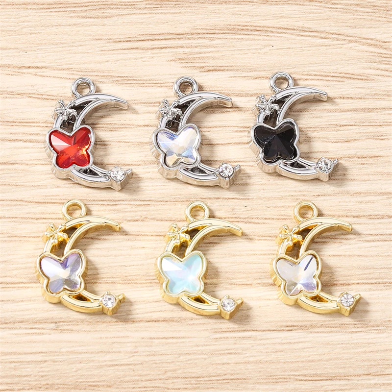 5 Stück 12x17mm Niedliche Kristall-Metall-Mond-Schmetterlings-Anhänger für Schmuckherstellung, Halsketten, Ohrringe, Armbänder, DIY-Bastelzubehör – Detail 2