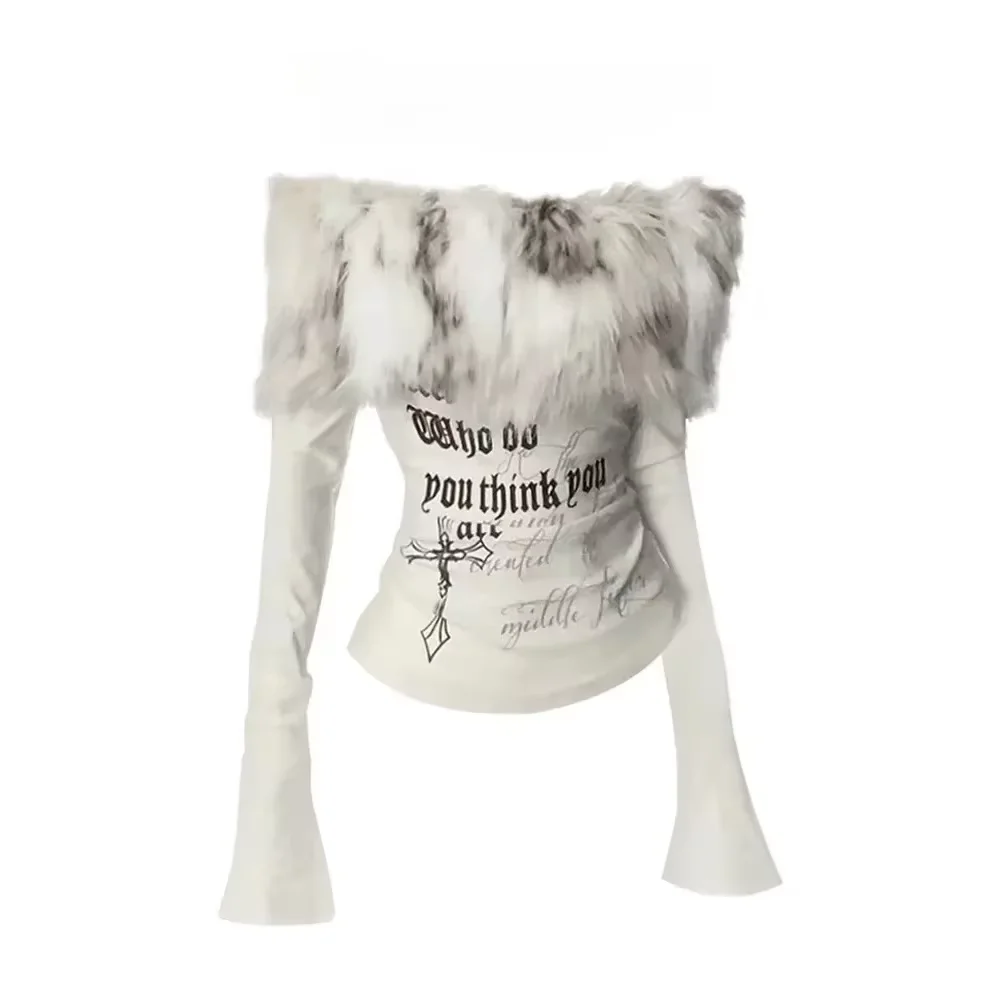 Vintage Y2k Fur Collar T Shirt Women 2000s Aesthetics Off Shoulder Tops Japanese Harajuku Letter Print Long Sleeve T-shirt New