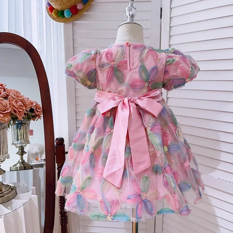 Summer Korean-style Children's Dress, High-end Designer Heavy Embroidery, Stylish Floral Princess Dress for Baby Girls 4-6y