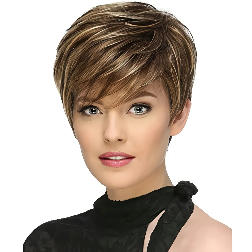 Chestnut-blonde ombre layered short slanted bangs, voluminous texture perm suitable middle-aged elderly mothers cover white hair