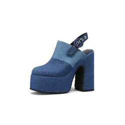 2023 European and American Large Denim Cloth Wrapped Sandals Women's Color Block High-heeled Thick Soled Open Toe Sandals