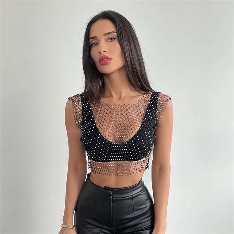 Y2K Tops & Tees: Sexy Mesh Crop Tops für Damen – Sommer 2026 Strass-Mode Party Durchsichtige Fishnet Hollow Out Tanktops – Detail 2