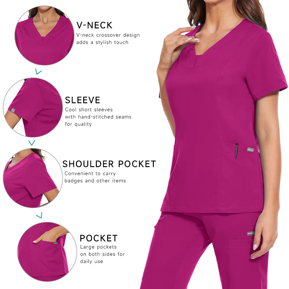 Hoge Kwaliteit Groothandel Operatiekamer Medische Uniform Set Korte Mouw Verpleegkundige Accessoires Tops Broek Elastische Scrubs Pak