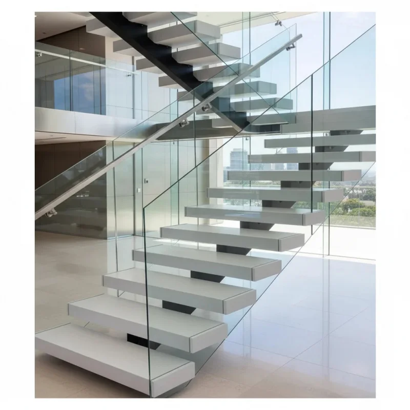 

custom.Hidden Single Stringer Steel-Wood Stairs with Glass Railing Modern Indoor Staircase-& Durable Bolt Fixed
