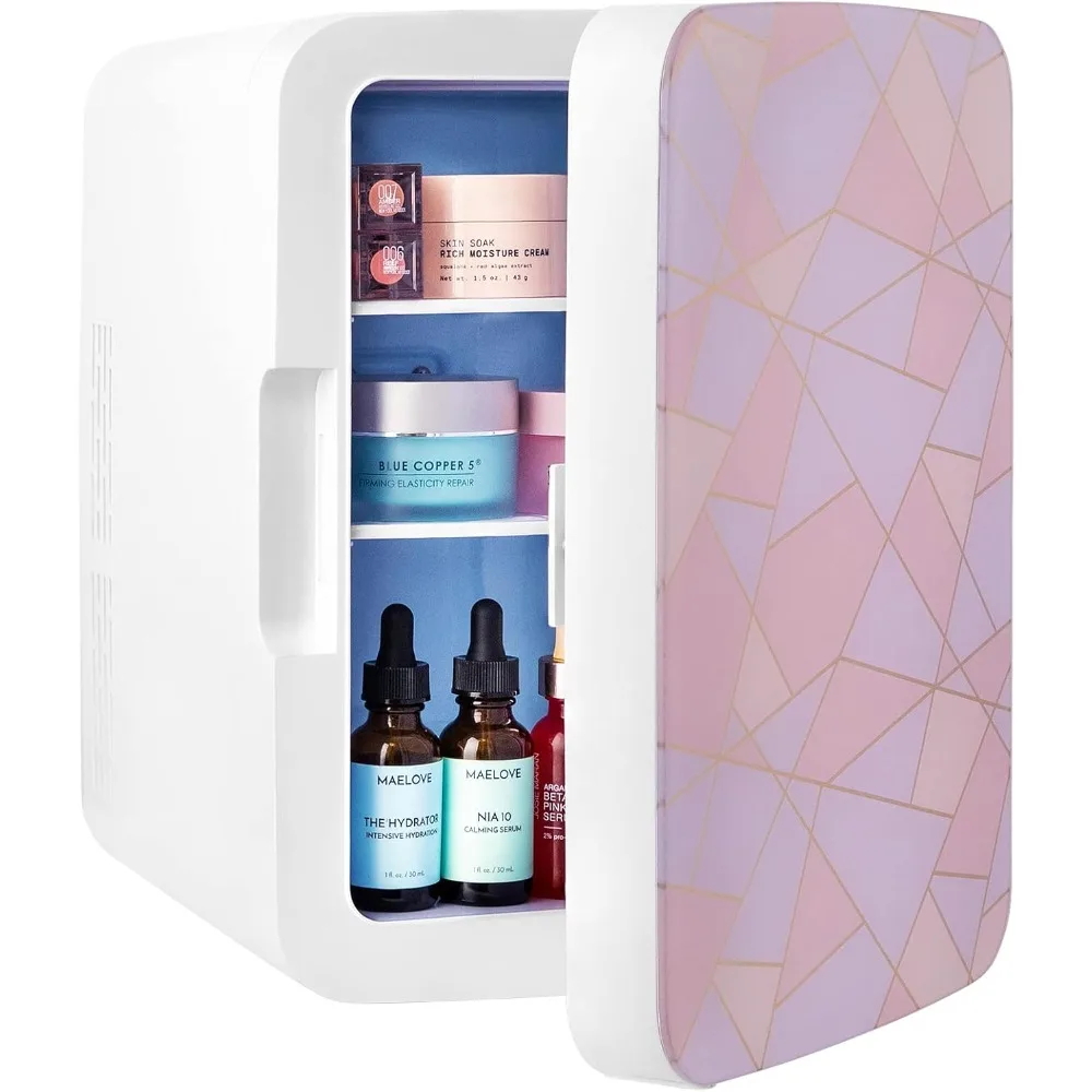 10-Liter-Minikühlschrank für Schlafzimmer – Schlafsaal, 12 V, tragbarer Kühler, wärmer, Lebensmittel, Getränke, Hautpflege, mit Glasfront, Fraktalrosa