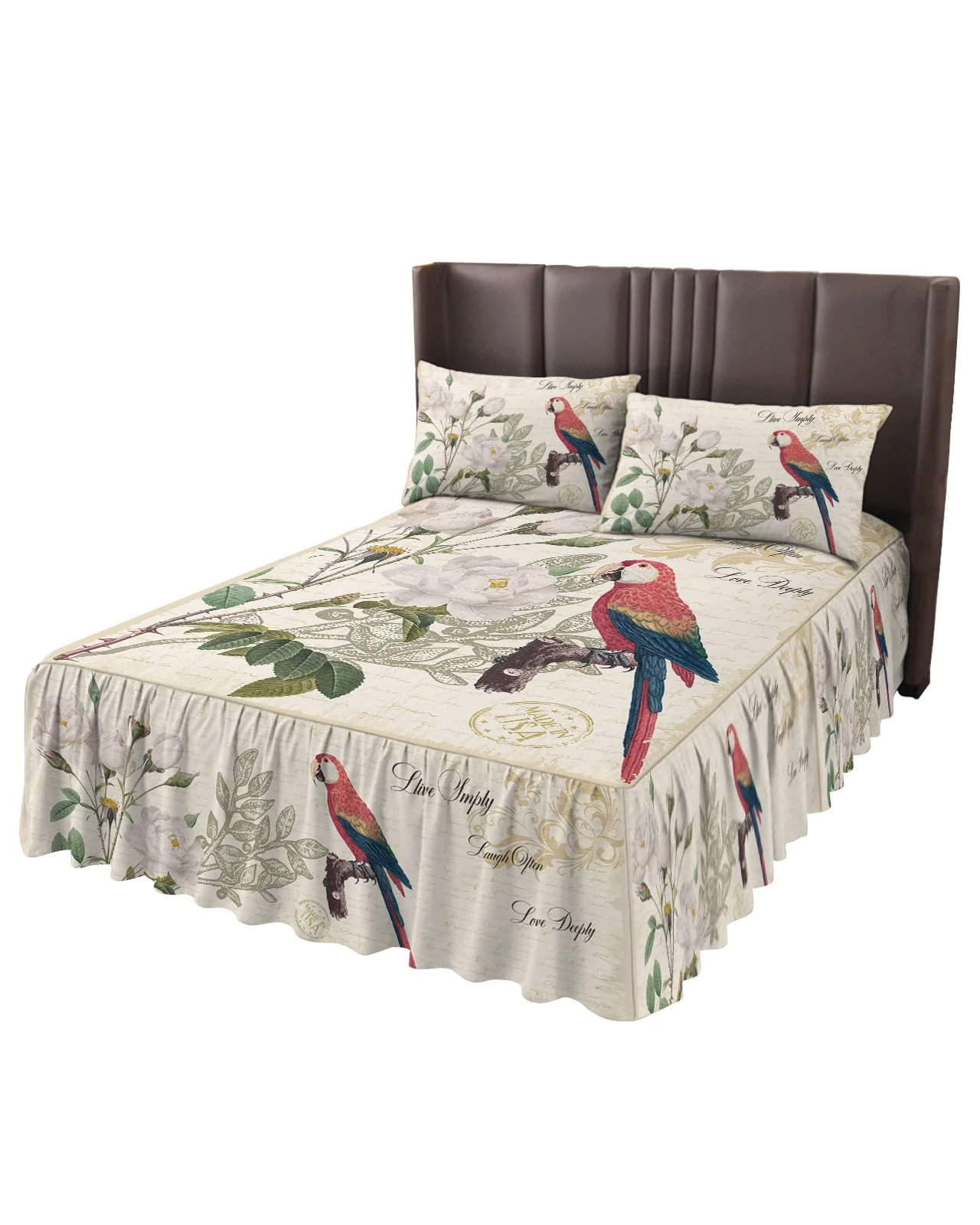 Parrot Bird Rose Flower Retro Bed Skirt Elastic Fitted Bedspread With Pillowcases Mattress Cover Bedding Set Bed Sheet