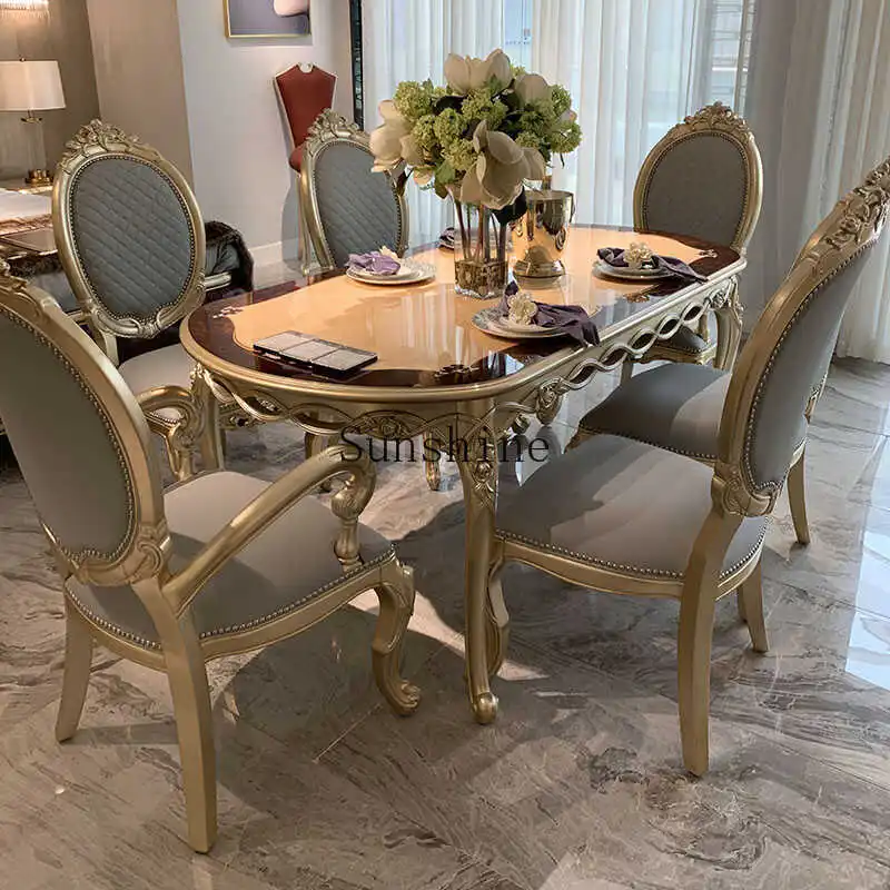 

European solid wood oval rectangular dining table and chairs combination luxury restaurant French 6 people gold foil