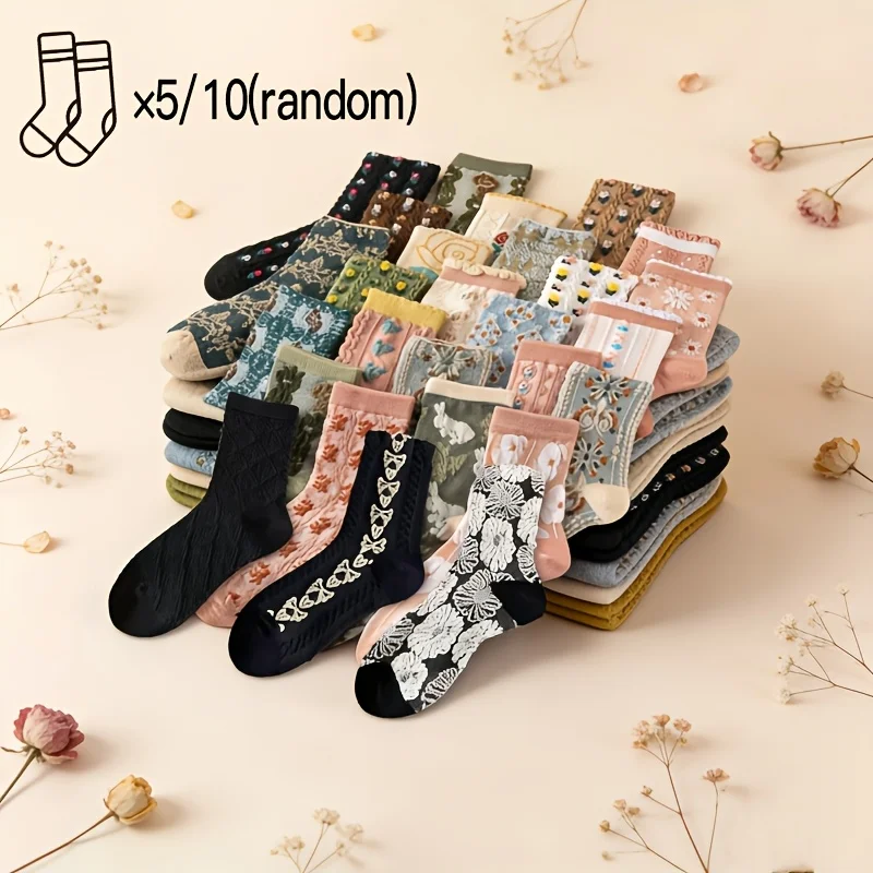 5 Paar/10 Paar modische Retro-Blumenrelief-Socken mit süßer Spitze für Damen und Teenager, bequem, lässig, atmungsaktiv, lange Socken