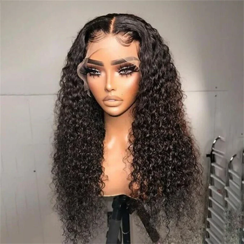 Soft 180Density Preplucked Natural Black 26Inch Kinky Curly Long Deep Lace Front Wig For Women With Baby Hair Glueless Daily