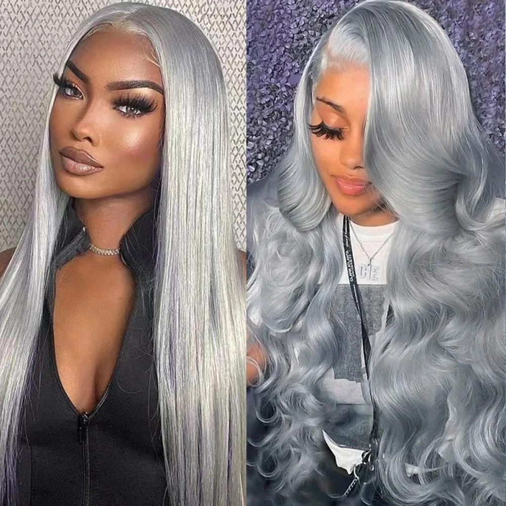Silver Grey Straight Wig 100% Human Hair Lace Front Wigs For Women Gray Colored Glueless Body Wave Lace Frontal Wigs Pre Plucked
