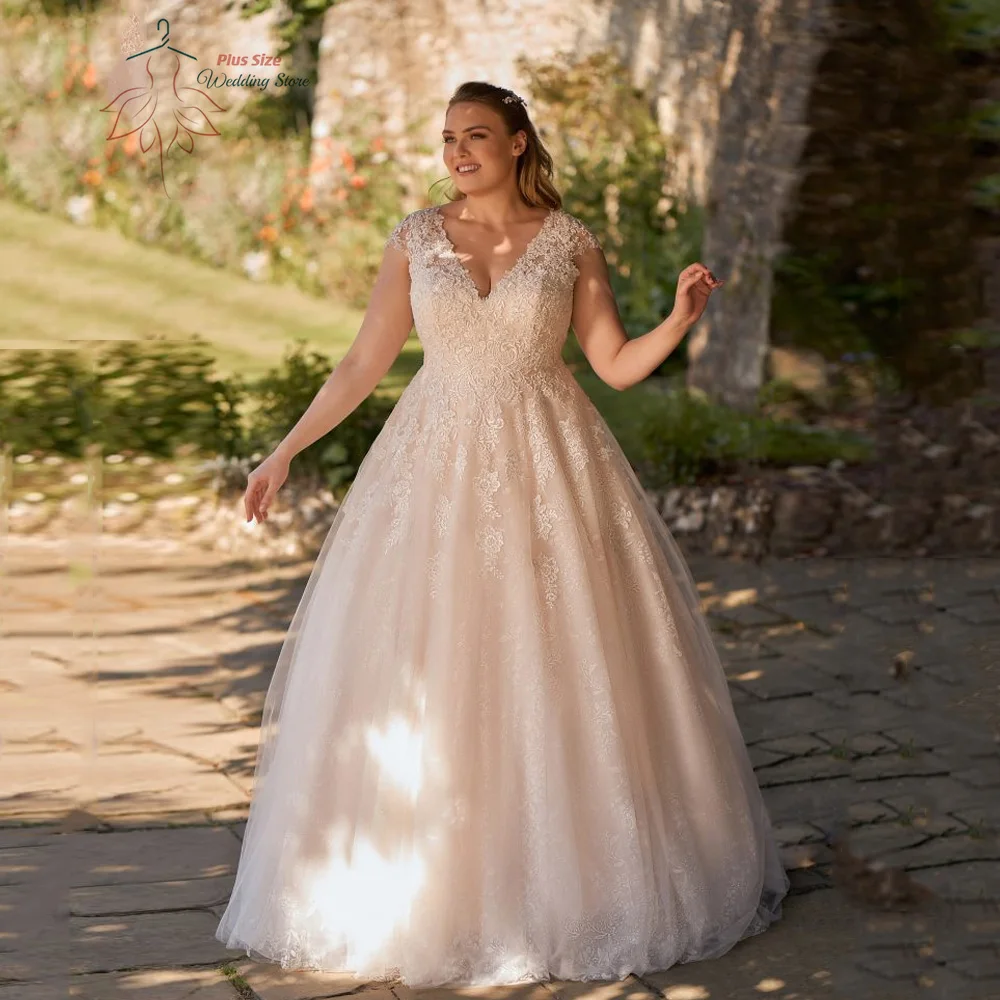 Vestidos de casamento clássicos plus size com decote em v sem mangas vestidos de noiva apliques de volta rendas até trem varredura tule a linha robe de mariée