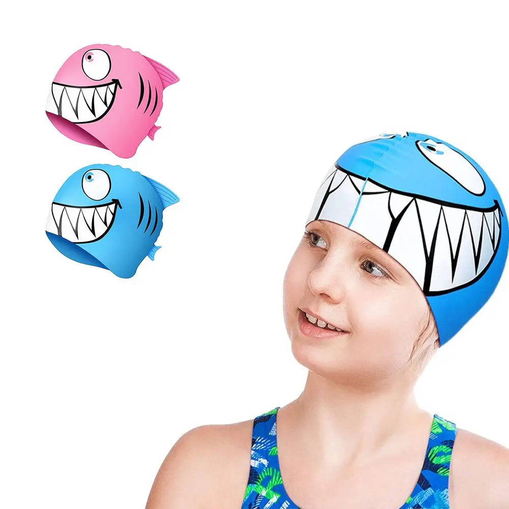 

Cute Silicone Swimming Cap Cartoon Shark Protect Ears Swimming Equipment Unisex Durable Children's Pool Cap