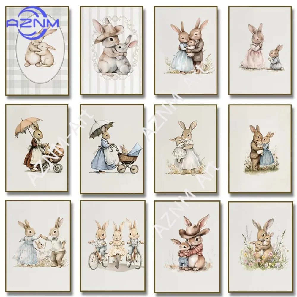 1PC ，Antique Family Mom and 2 Kids Rabbit Illustration Poster Vintage Bunny Canvas Painting Print Nursery Farmhouse Room Decor
