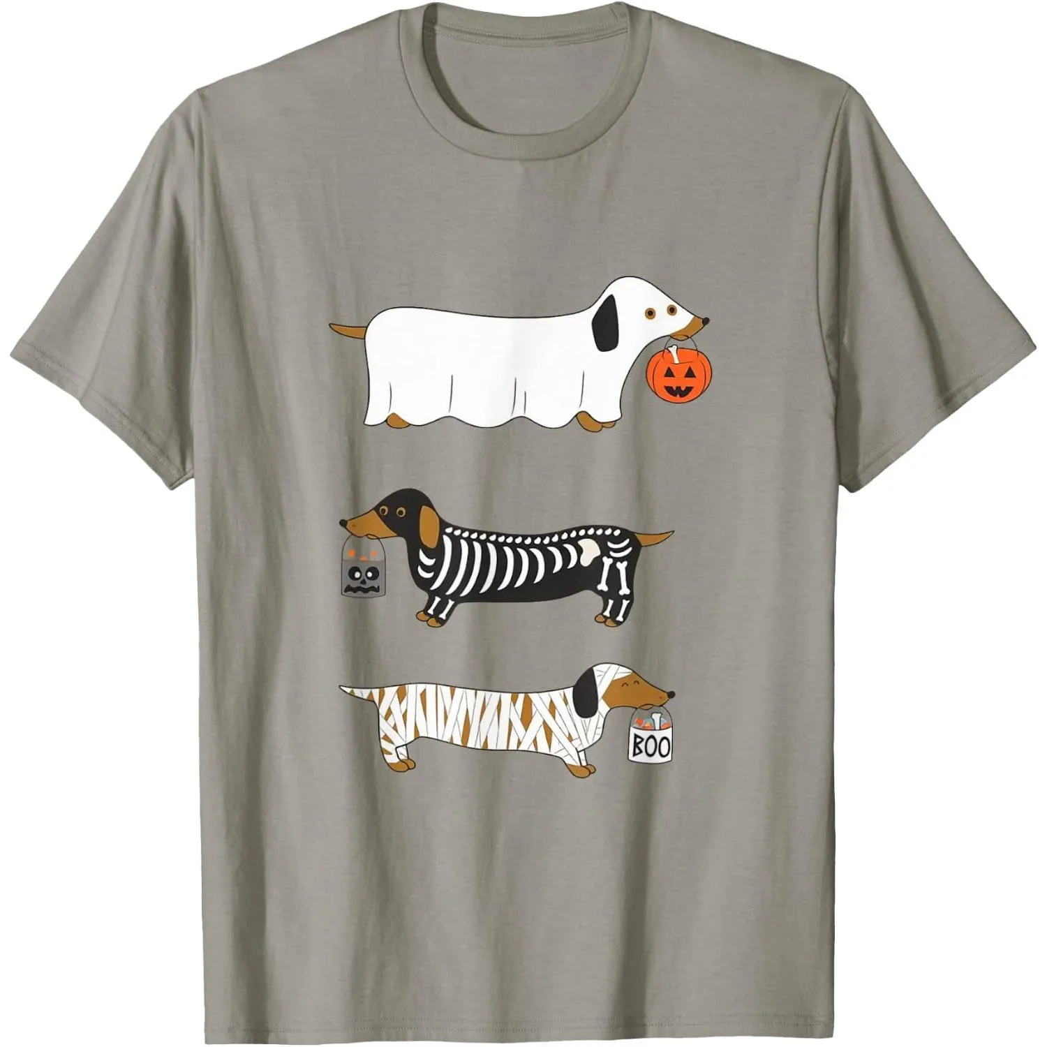 Halloween Ghost Pumpkin Dachshund Dog Print Cotton Print Round T-shirt Adults