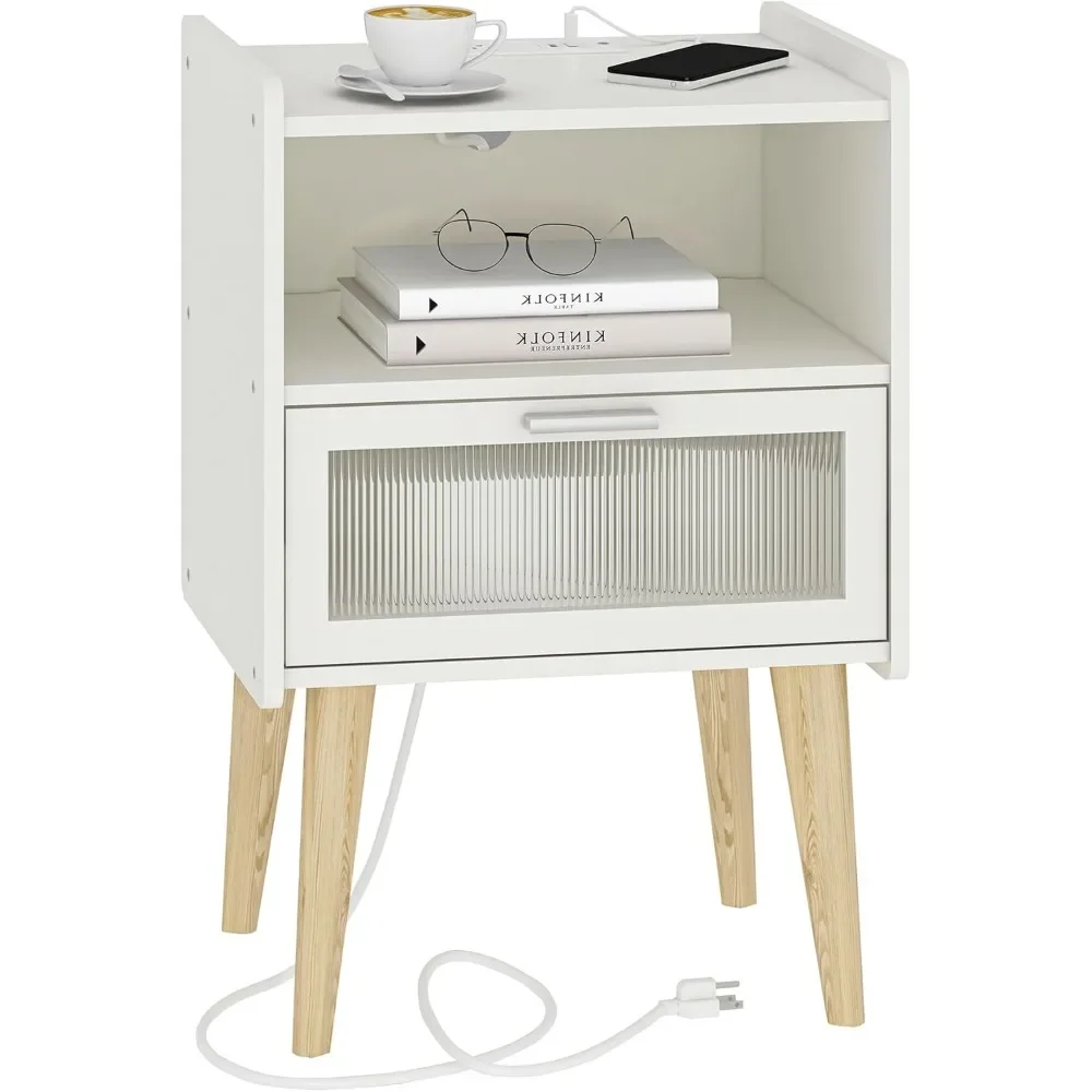 

Nightstand with Charging Station, Bedside Tables, End Table Side Table with 2 Tiers Storage Space, for Bedroom, Living Room